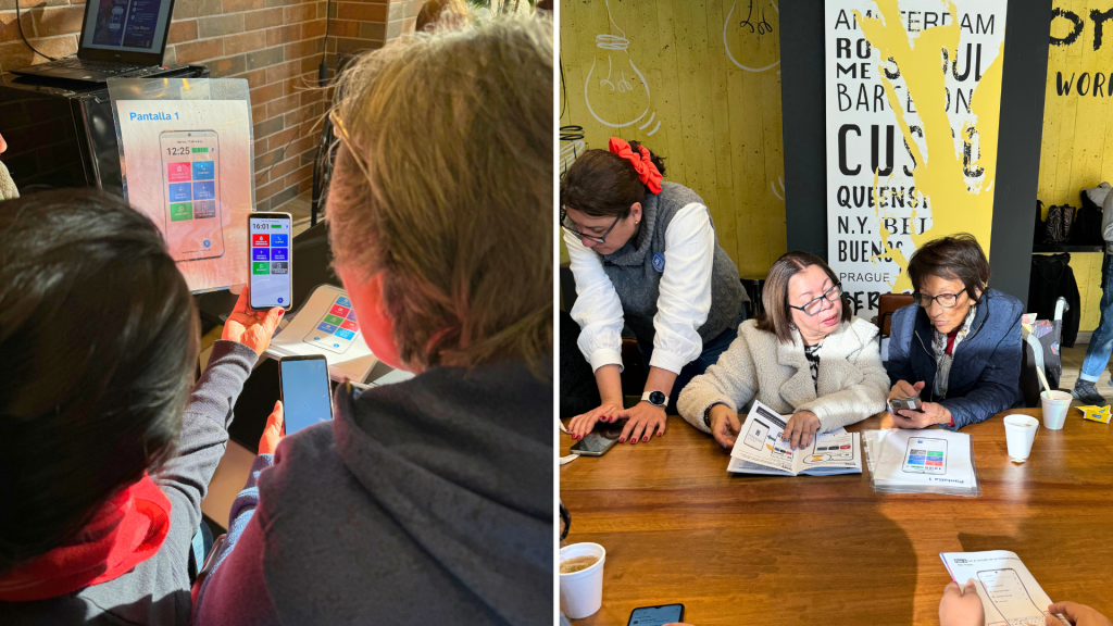 Taller de digitalización con App Mayor para personas mayores en San Miguel. Voluntarias, embajadoras de la aplicación enseñar a un grupo de personas mayores.