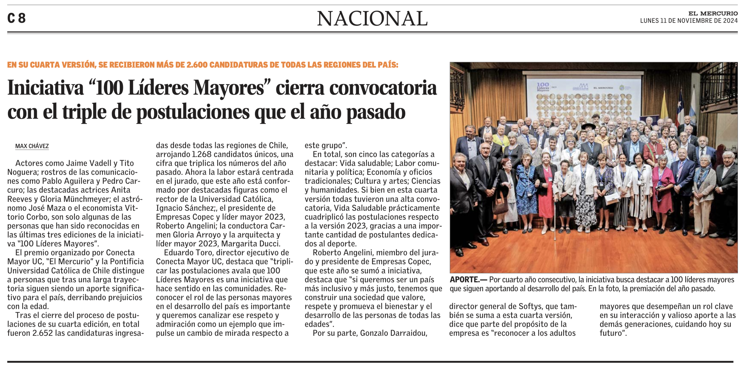 Imagen de nota en El Mercurio sobre 100 Líderes Mayores cierra convocatoria 2024