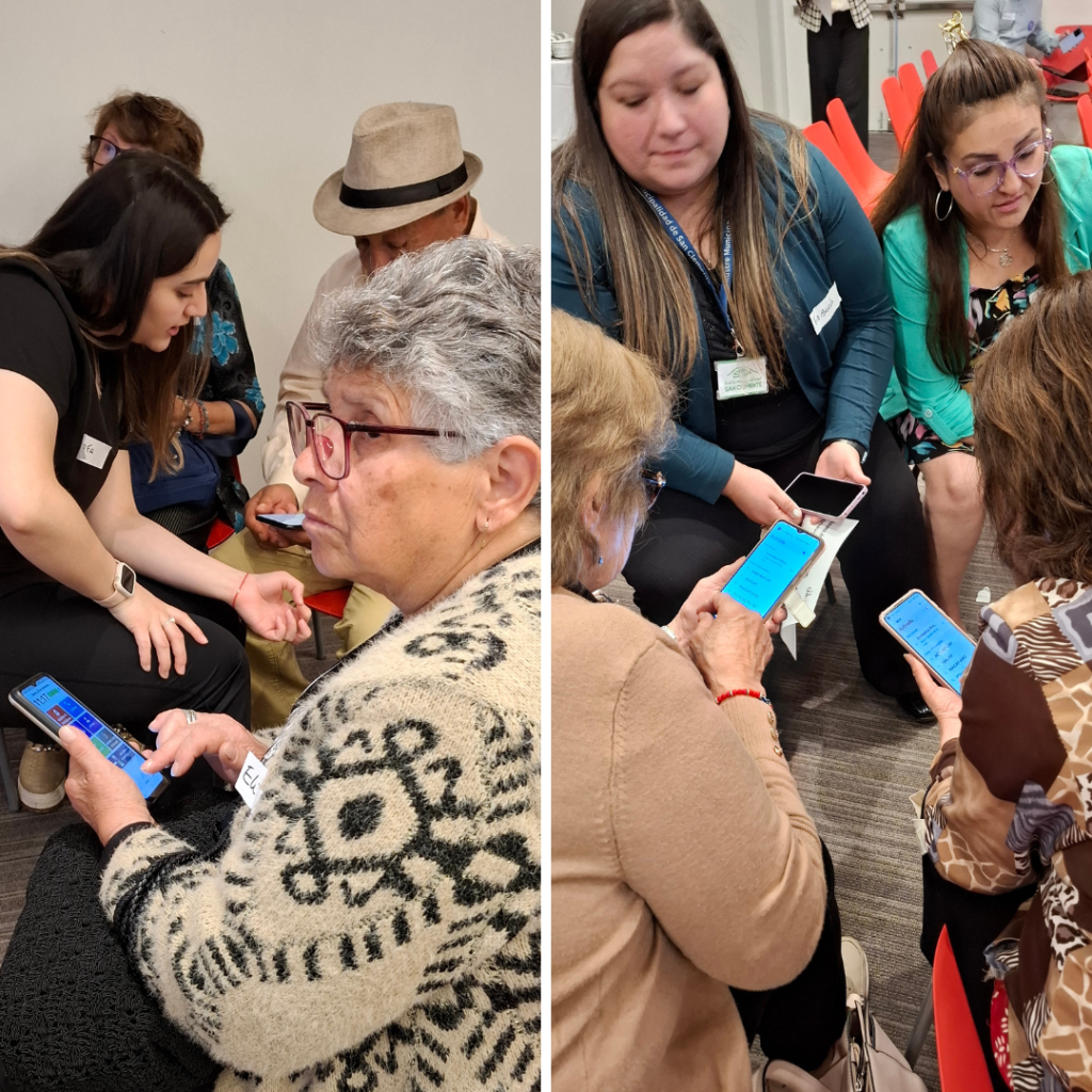 2 fotos de funcionarios municipales apoyando el aprendizaje en habilidades digitales de personas mayores de Maule