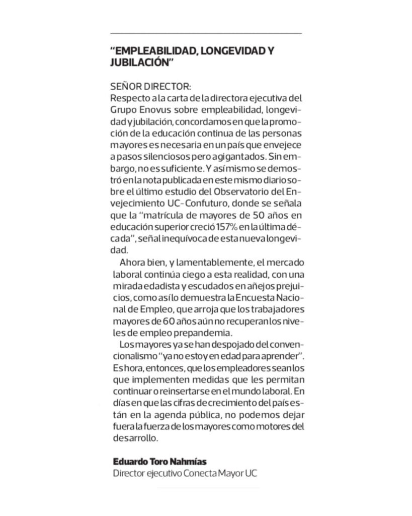 Carta al director sobre Empleabilidad, longevidad y jubilación, en La Tercera