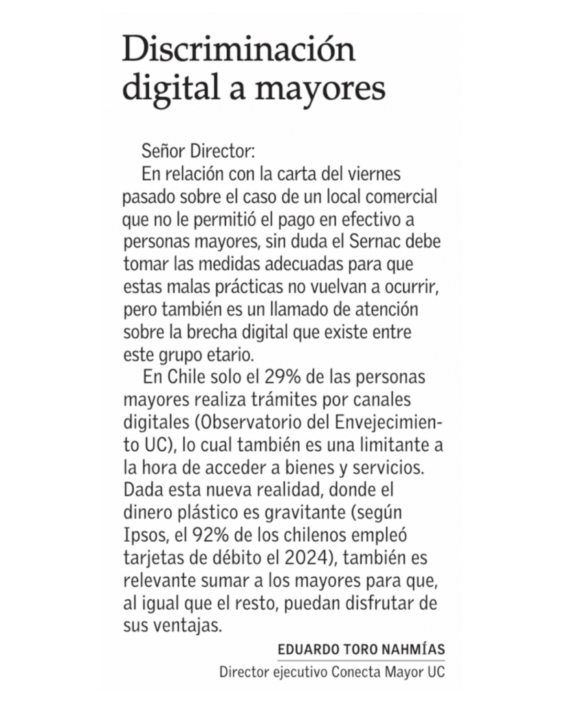 Carta al director sobre discriminación digital a mayores