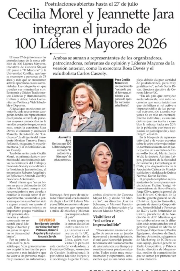 Cecilia Morel y Jeannette Jara integran jurado de 100 Líderes Mayores 2026 El Mercurio