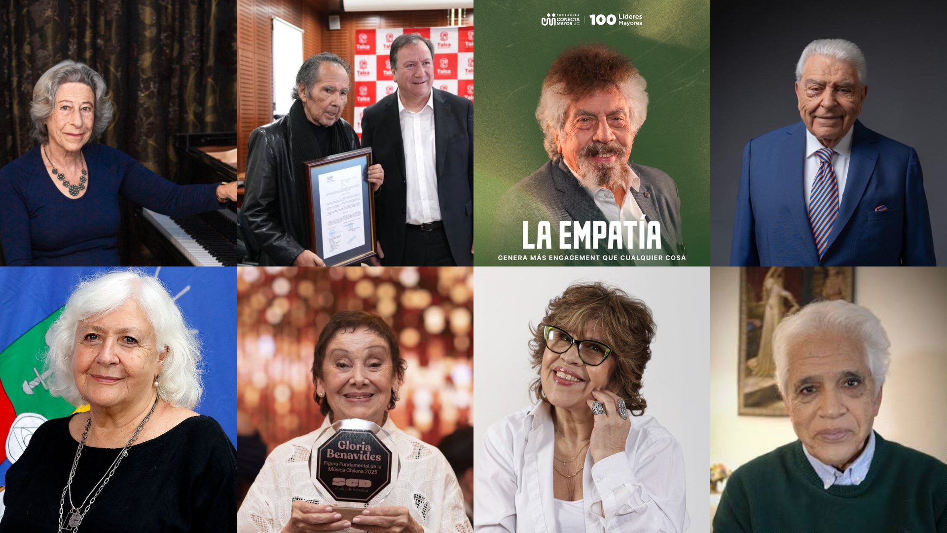 Actualidad 100 Líderes Mayores agosto 2026 Judith Fischer Hernán Rivera Letelier Adriano Castillo, Mario Kreutzberger Mónica González Gloria Benavides Maitén Montenegro Roberto Bravo Pollo Fuentes